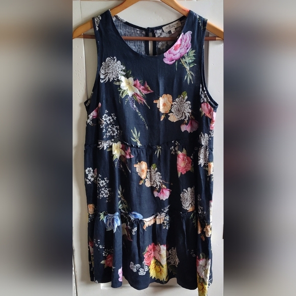 Le Raganne 100% Linen Navy Floral Sleeveless Tiered Dress | Made In Italy I XS - Picture 1 of 8